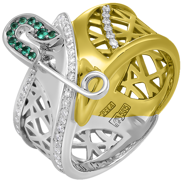 Кольцо с бриллиантами и изумрудами, желтое и белое золото