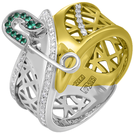 Кольцо с бриллиантами и изумрудами, желтое и белое золото