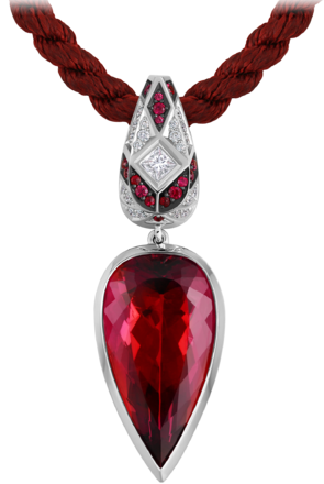 Колье с рубеллитом, бриллиантами и рубинами, белое золото