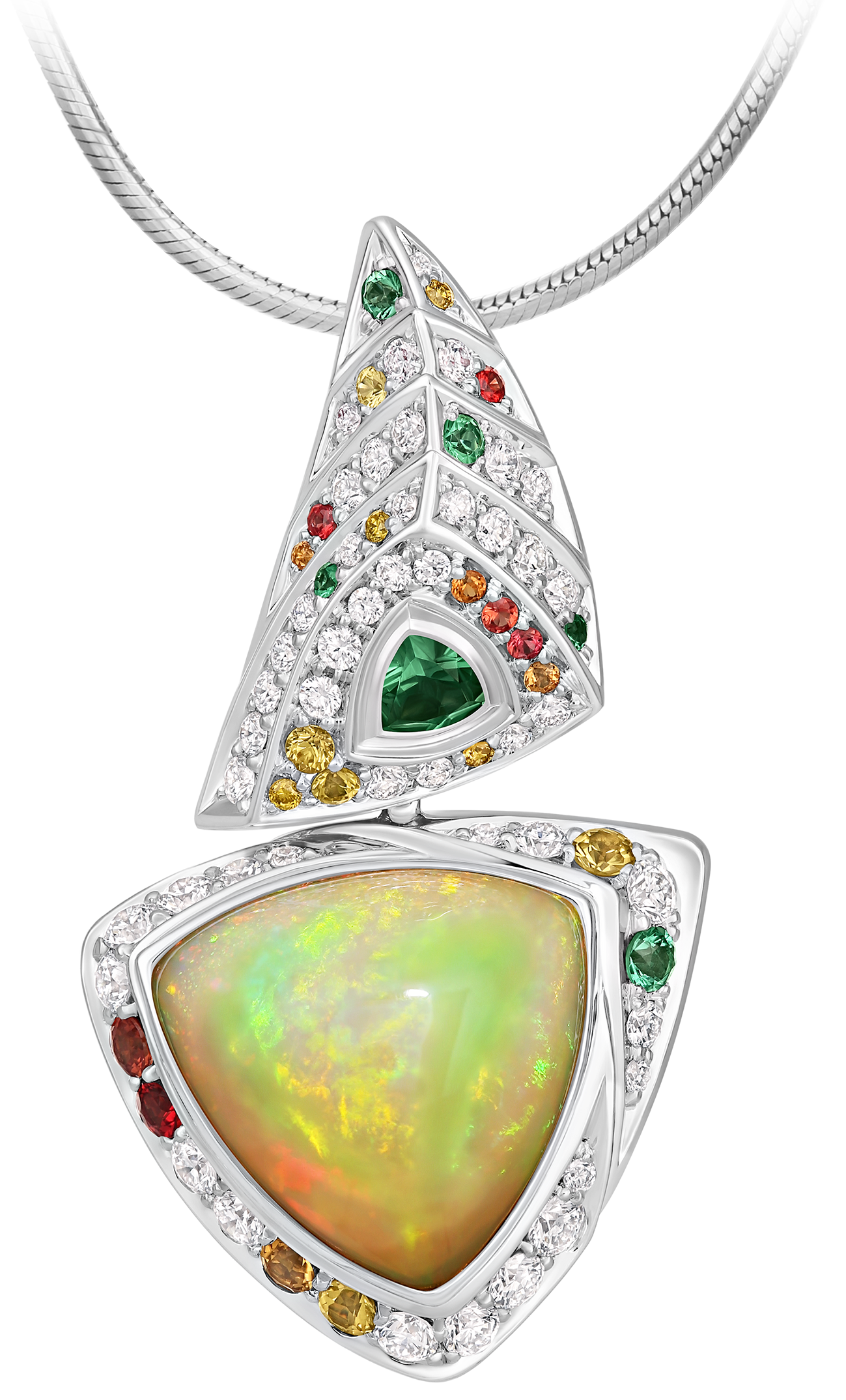 Подвес с опалом, бриллиантами, сапфирами и изумрудами, белое золото