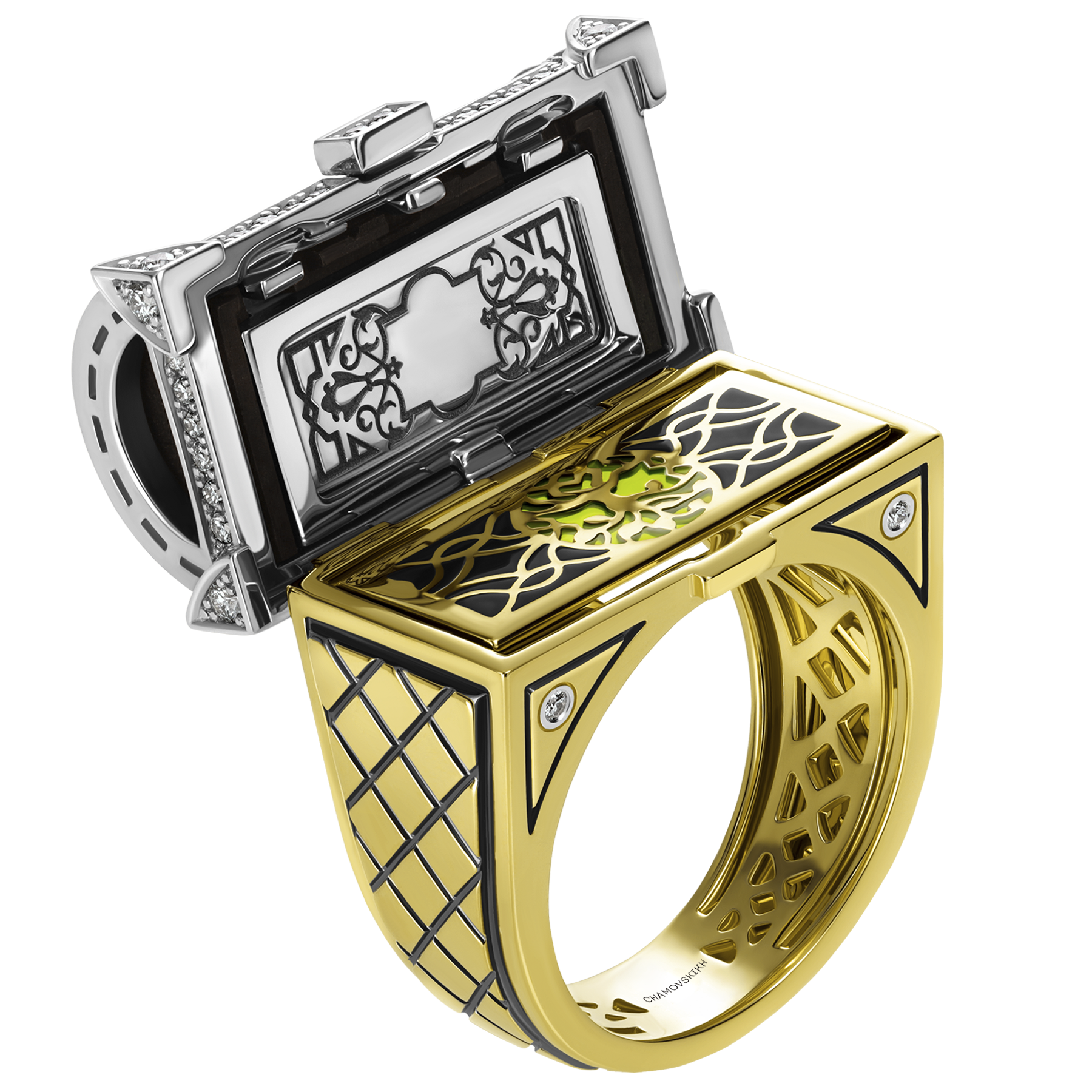 Кольцо с изумрудом и бриллиантами, жёлтое и белое золото, эбеновое дерево