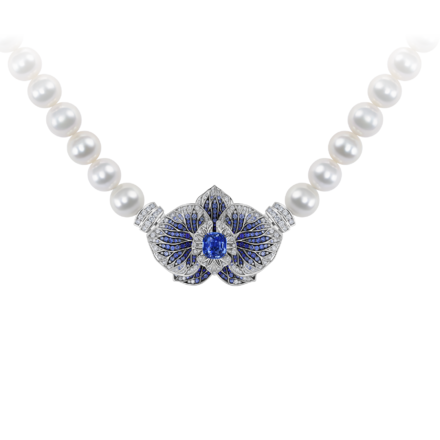 Колье с сапфирами, бриллиантами и жемчугом, белое золото