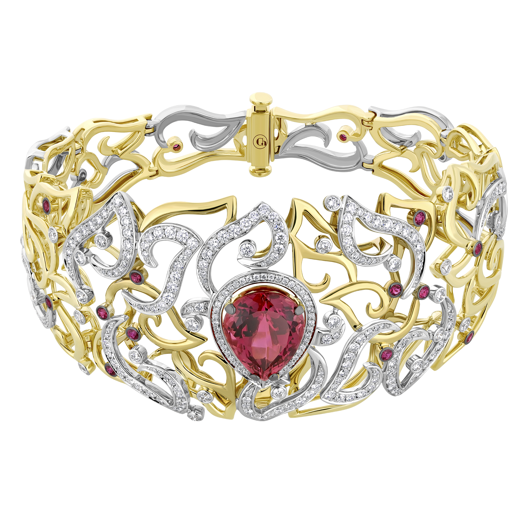 Браслет с рубеллитом, бриллиантами и рубинами, желтое и белое золото
