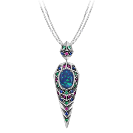 Подвес с опалом, изумрудами, сапфирами и рубинами, белое золото