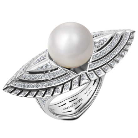 Кольцо с жемчугом и бриллиантами, белое золото, н.керамика