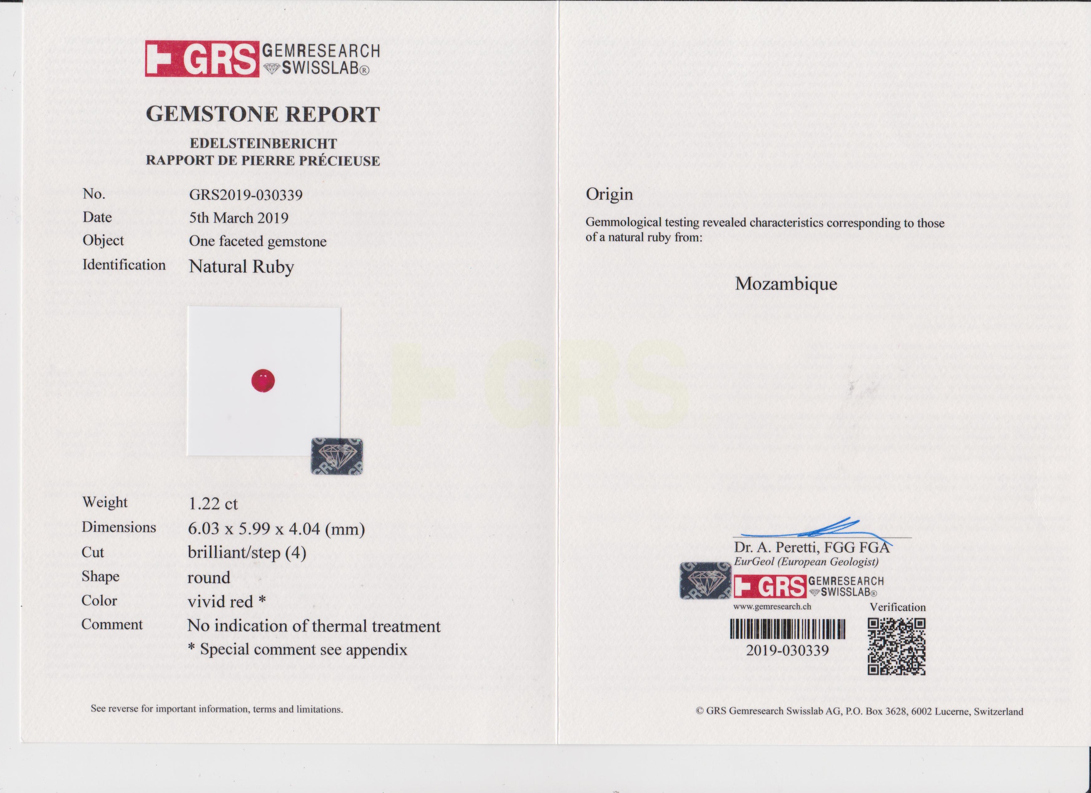 Рубин, MOZAMBIQUE, UNHEATED, Круг, 1,22ct