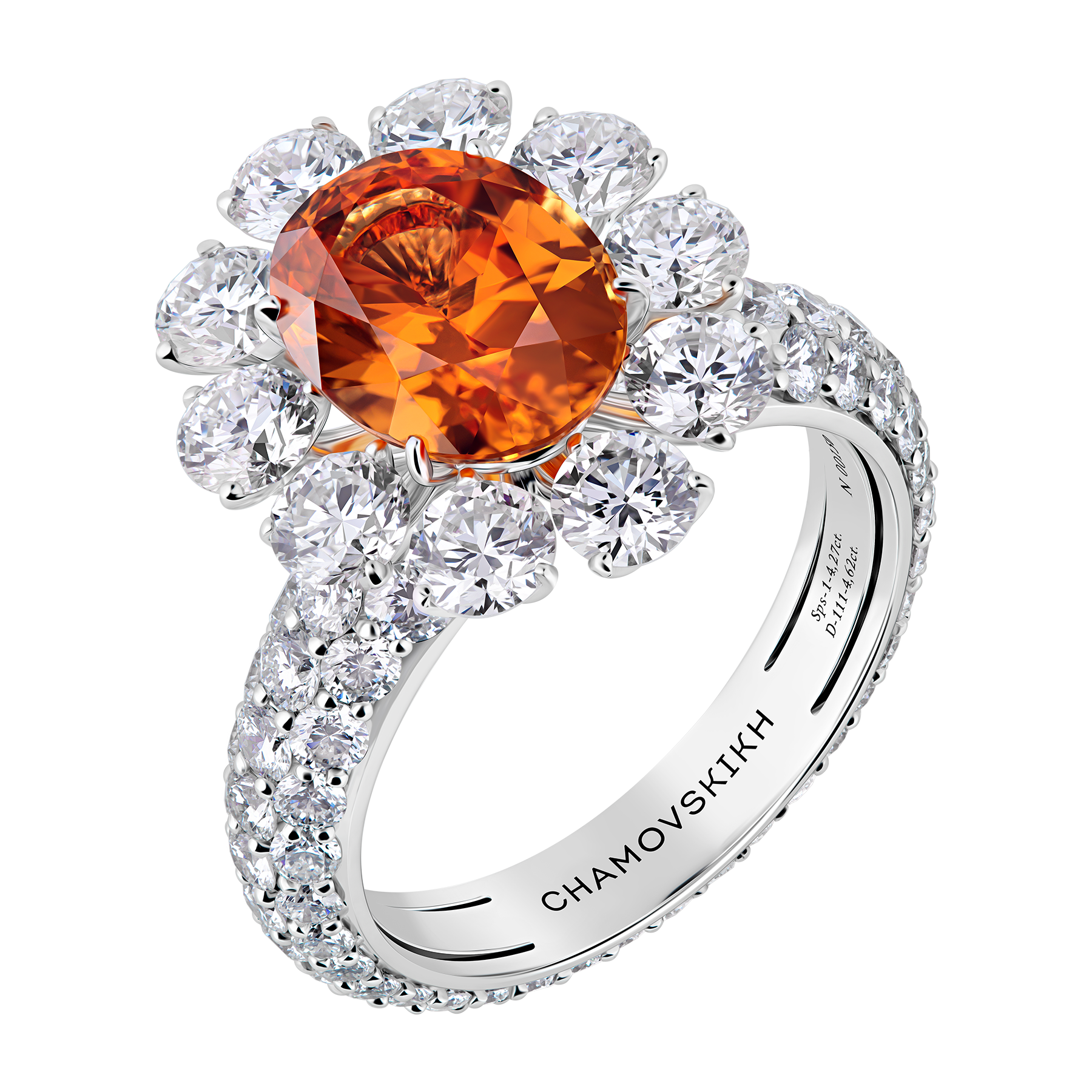 Кольцо со спессартином и бриллиантами, белое золото