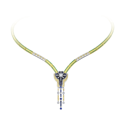 Колье с бриллиантами, изумрудами и сапфирами, жёлтое и белое золото