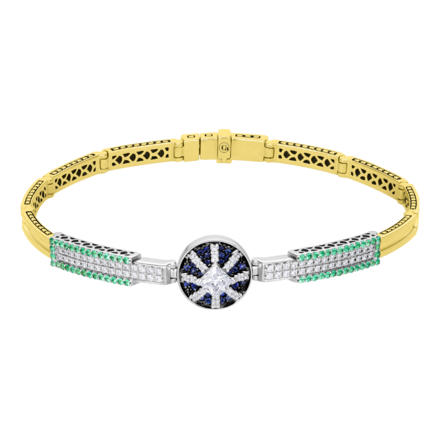 Браслет с бриллиантами, изумрудами и сапфирами, жёлтое и белое золото