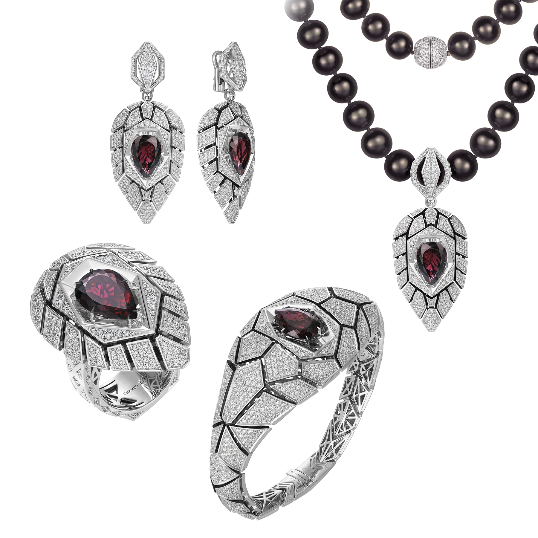 Сет с рубеллитами, бриллиантами и жемчугом, белое золото