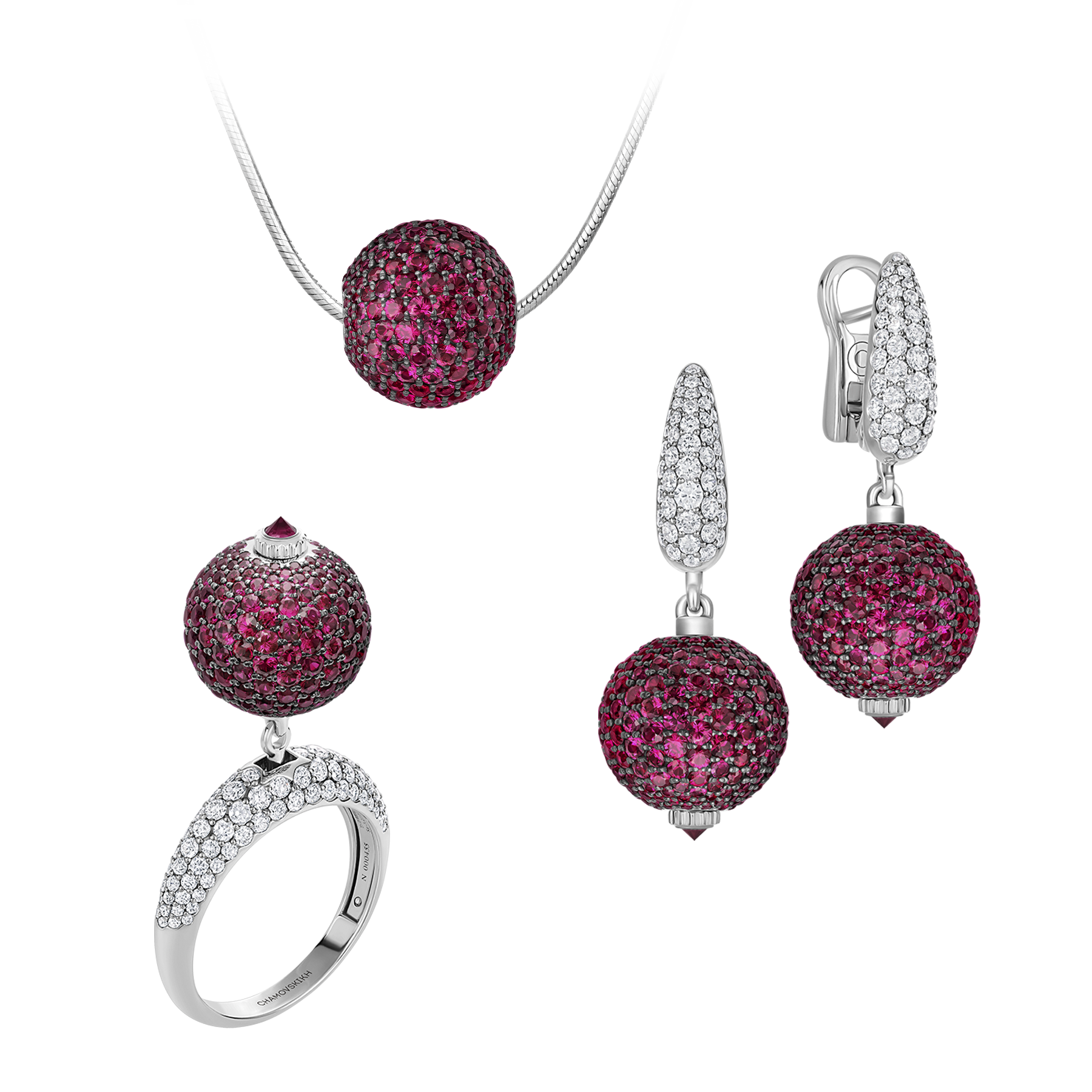 Сет с бриллиантами и рубинами, белое золото