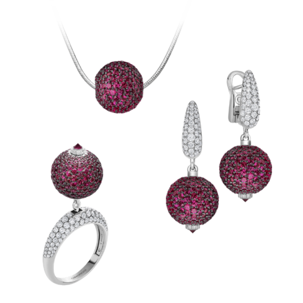 Сет с бриллиантами и рубинами, белое золото