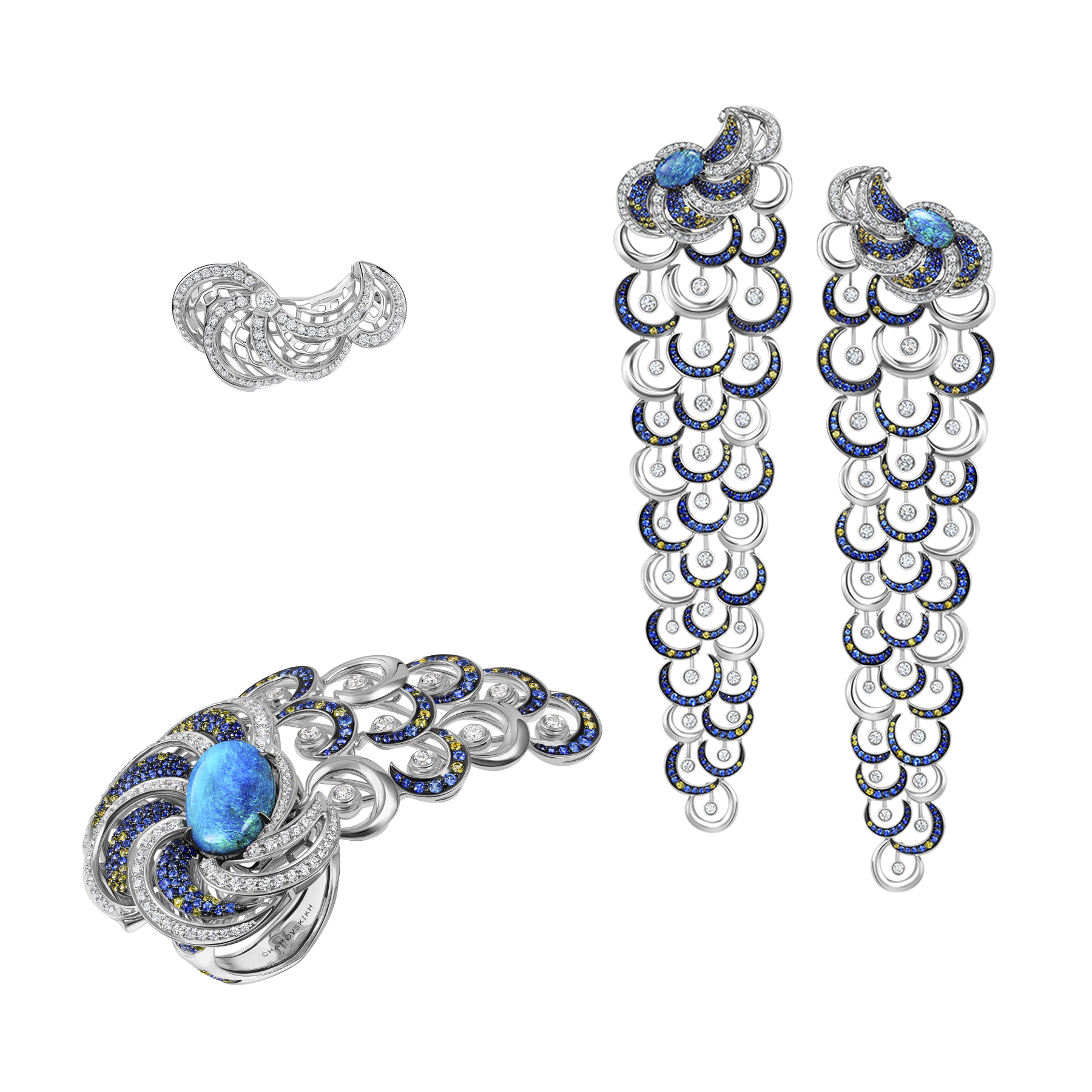 Сет с опалами, бриллиантами и сапфирами, белое золото