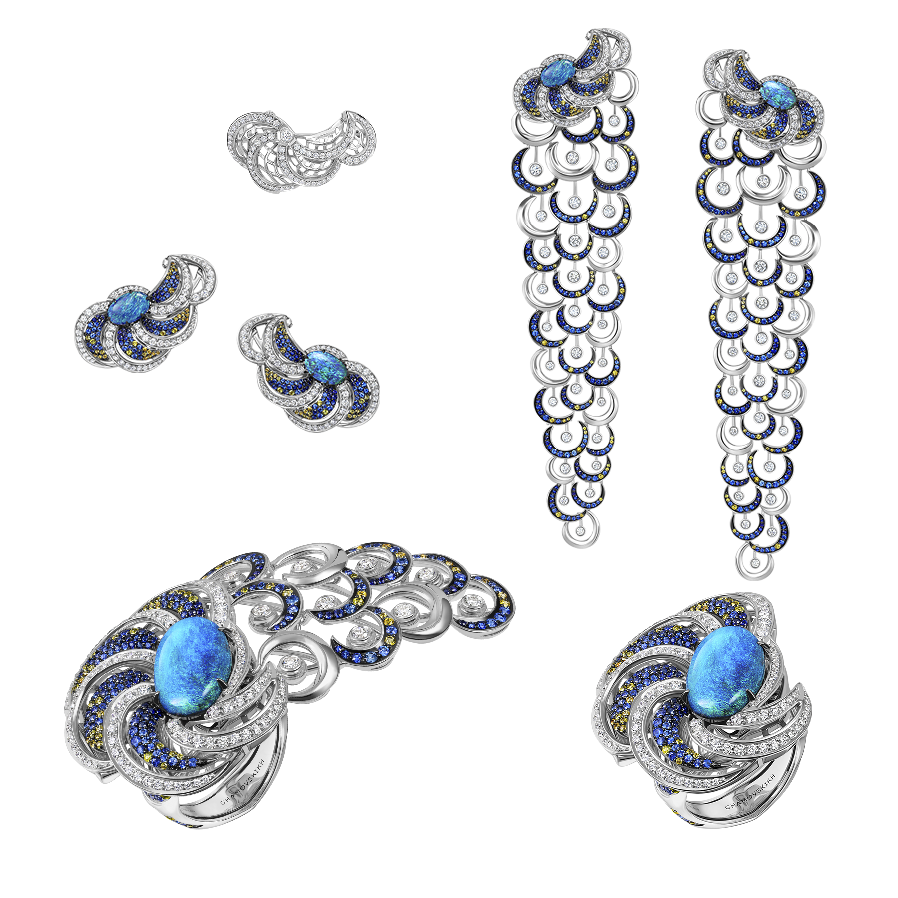 Сет с опалами, бриллиантами и сапфирами, белое золото