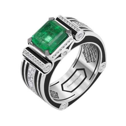 Кольцо с изумрудом и бриллиантами, белое золото, н.керамика