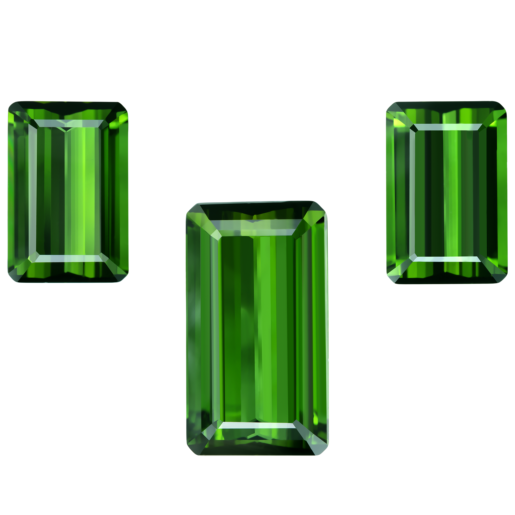 Сет из трёх турмалинов верделитов, октагон 2-15,11ct (14.60*9.75мм) и 1-15,48ct (20.50*11.40мм)