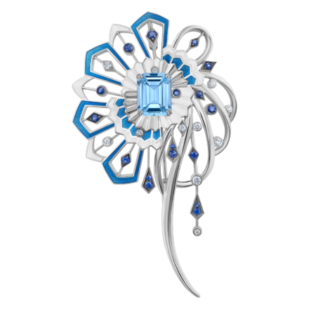 Брошь с топазом, бриллиантами и сапфирами, белое золото, н.керамика