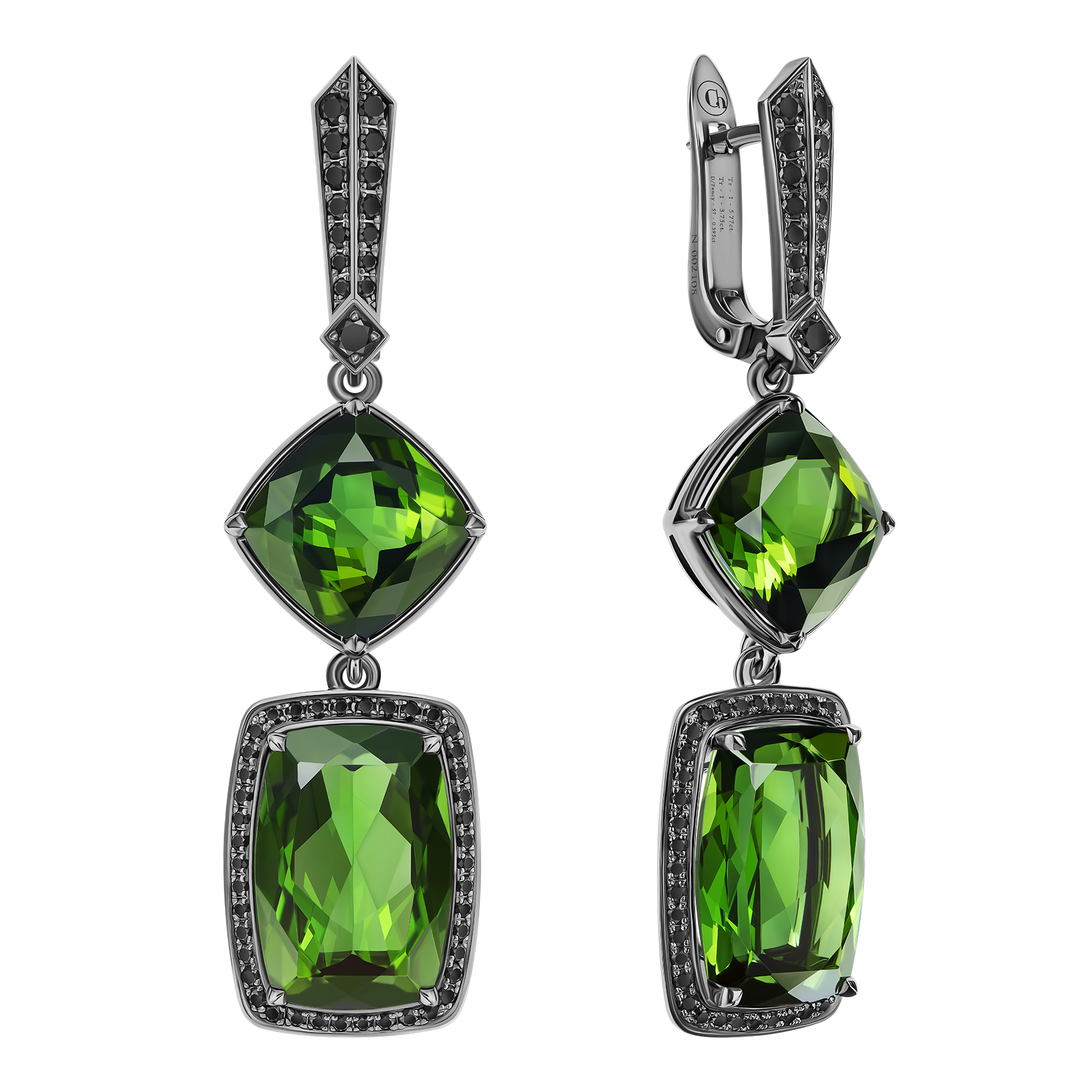 Серьги с верделитами и чёрными бриллиантами, белое золото, чернение