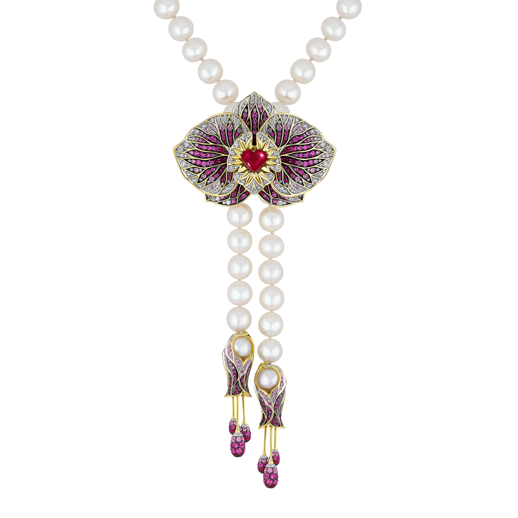 Сет с рубинами, бриллиантами, розовыми сапфирами и жемчугом, жёлтое и белое золото