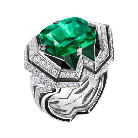 Кольцо с изумрудом и бриллиантами, белое золото, н.керамика