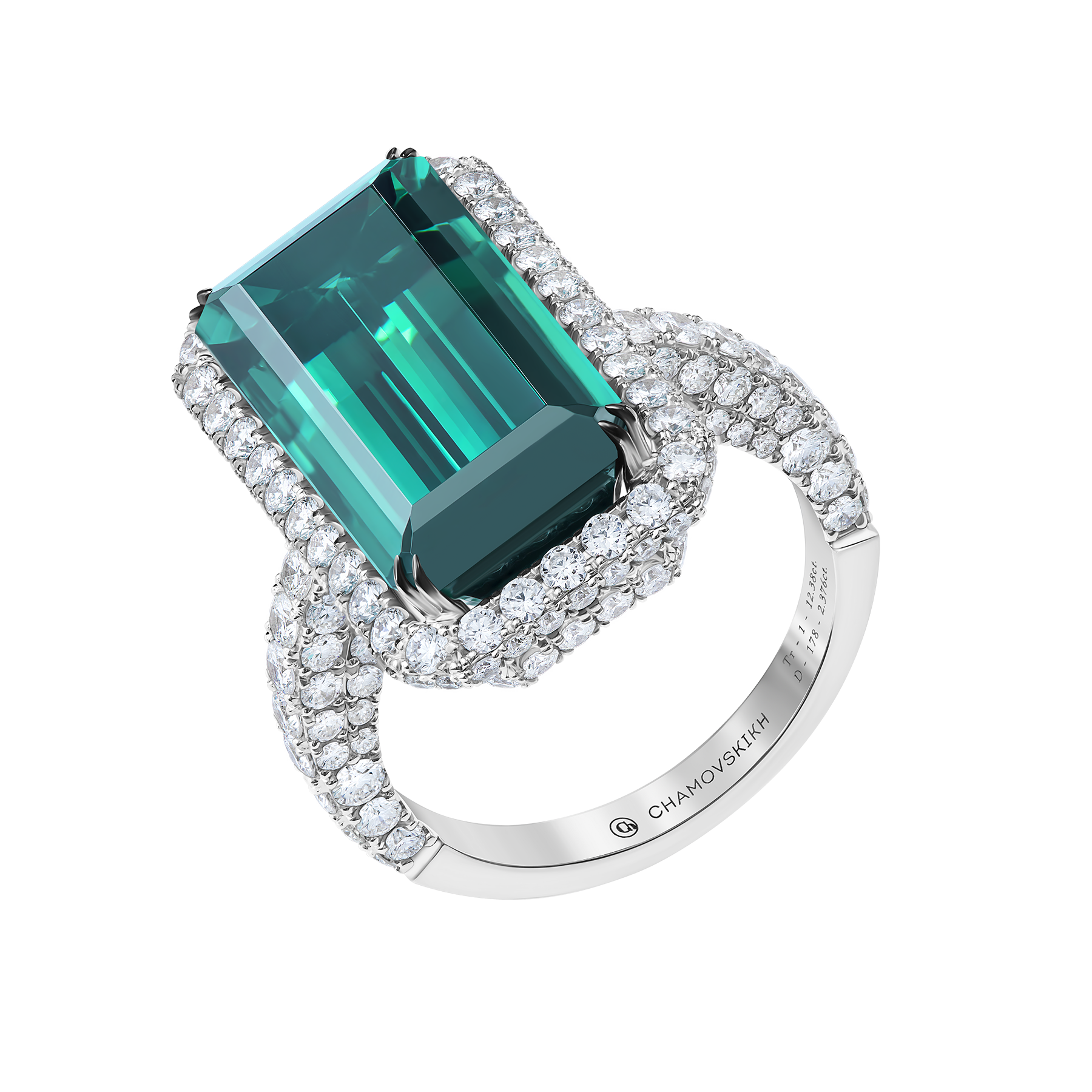 Кольцо с турмалином индиголит и бриллиантами, белое золото