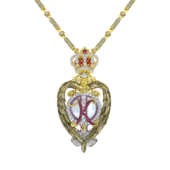 Брошь - подвес с перламутром, бриллиантами и рубинами, жёлтое и белое золото