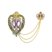 Подвес - брошь с цепью, бриллианты, рубины, перламутр, жёлтое и белое золото, н.керамика