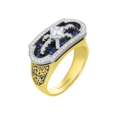 Кольцо с бриллиантами и сапфирами, жёлтое и белое золото