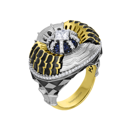 Кольцо с бриллиантами и сапфирами, жёлтое и белое золото