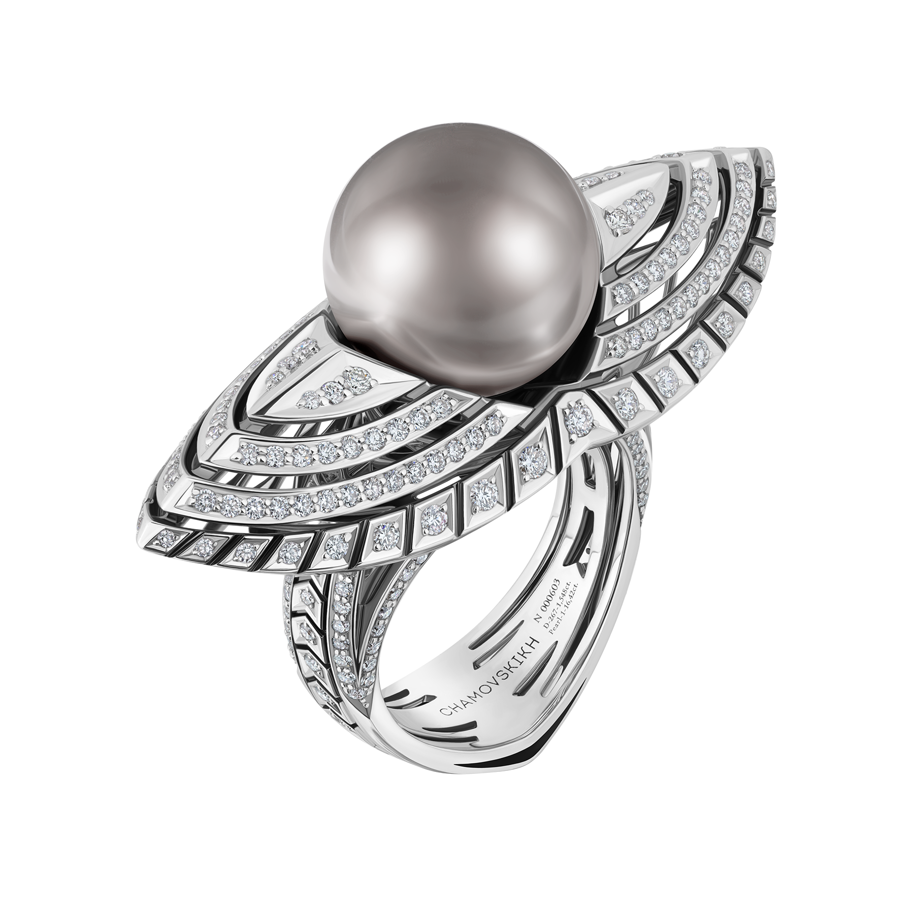 Кольцо с жемчугом и бриллиантами, белое золото, н.керамика