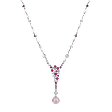 Колье с жемчугом, бриллиантами, рубинами и розовыми сапфирами, белое золото