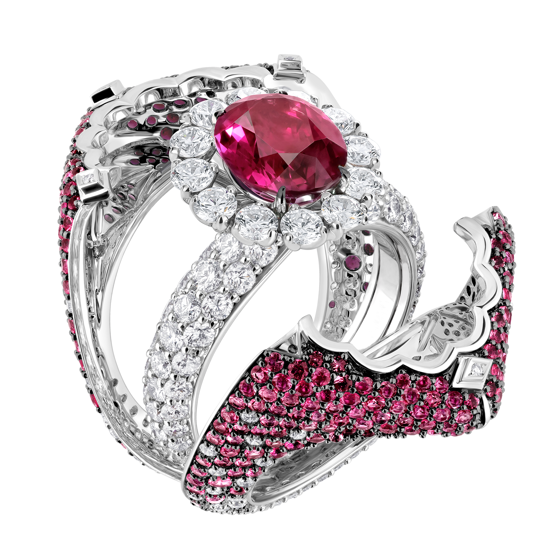Кольцо с рубеллитом, бриллиантами, розовыми сапфирами и рубинами, белое золото
