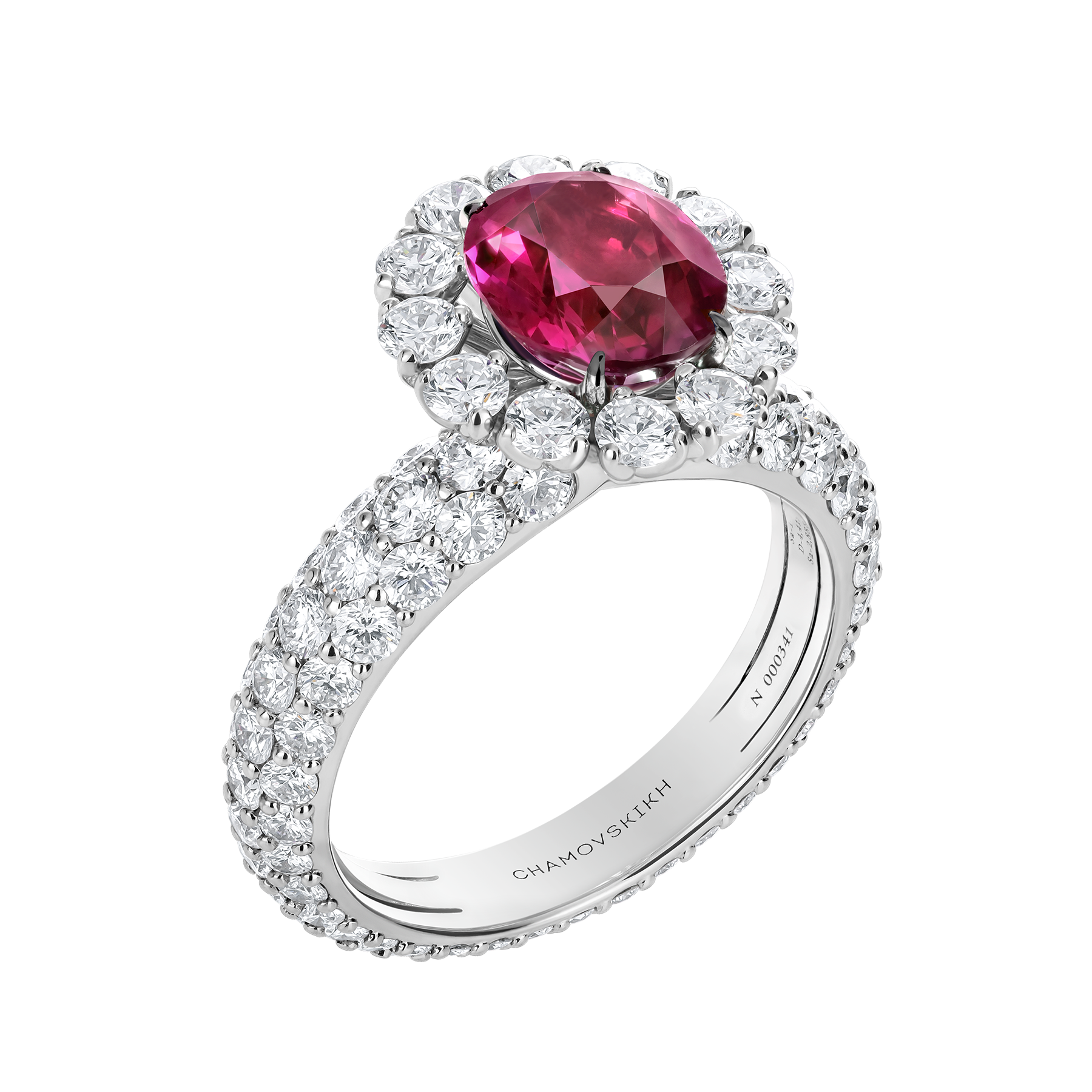 Кольцо с рубеллитом, бриллиантами, розовыми сапфирами и рубинами, белое золото