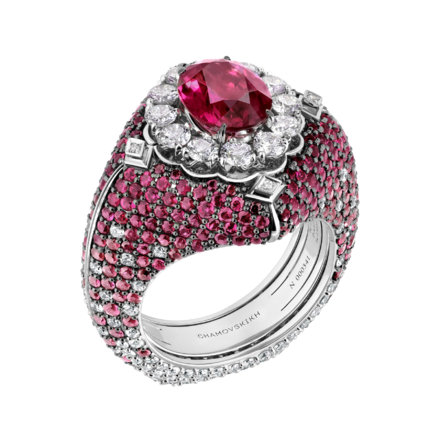 Кольцо с рубеллитом, бриллиантами, розовыми сапфирами и рубинами, белое золото
