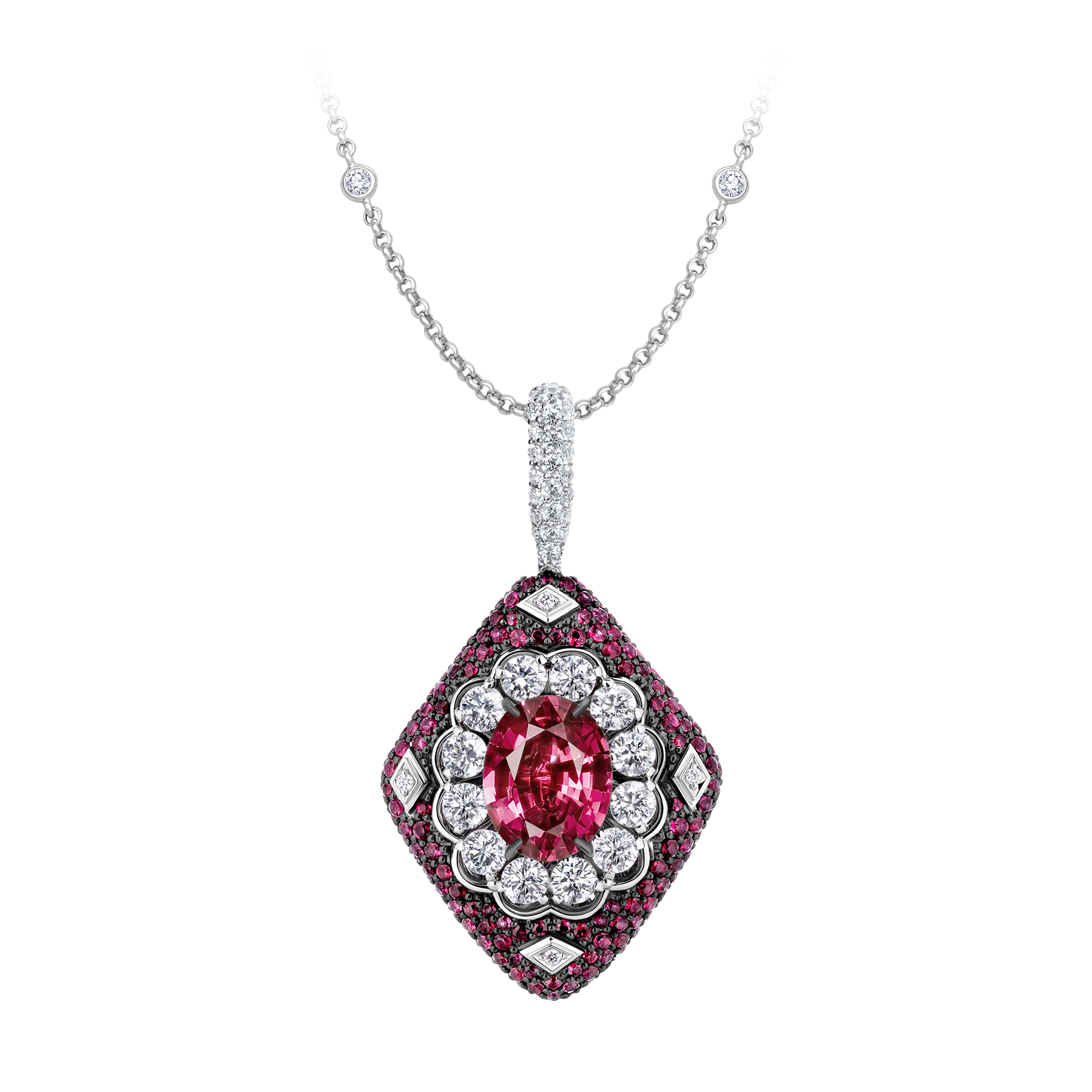 Подвес с турмалином рубеллитом, бриллиантами, рубинами и сапфирами, белое золото