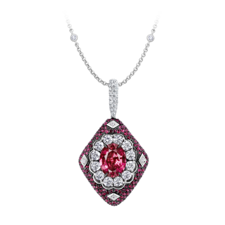 Подвес с турмалином рубеллитом, бриллиантами, рубинами и сапфирами, белое золото