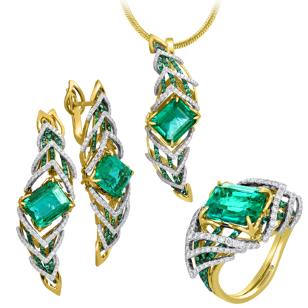 Сет с изумрудами и бриллиантами, желтое и белое золото