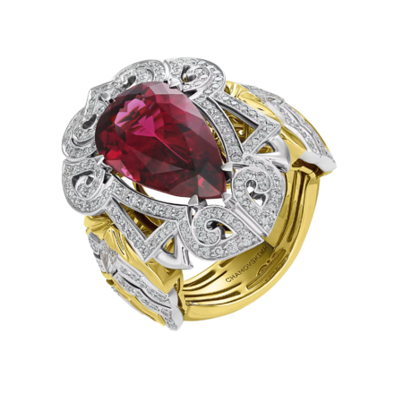Кольцо с турмалином рубеллит и бриллиантами, жёлтое и белое золото