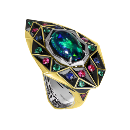 Кольцо с опалом, бриллиантами, сапфирами, изумрудами и рубинами, жёлтое и белое золото золото