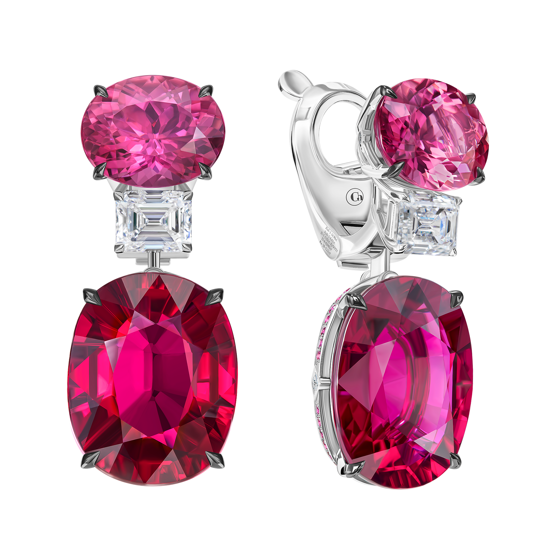 Серьги с рубеллитами, бриллиантами и рубинами, белое золото