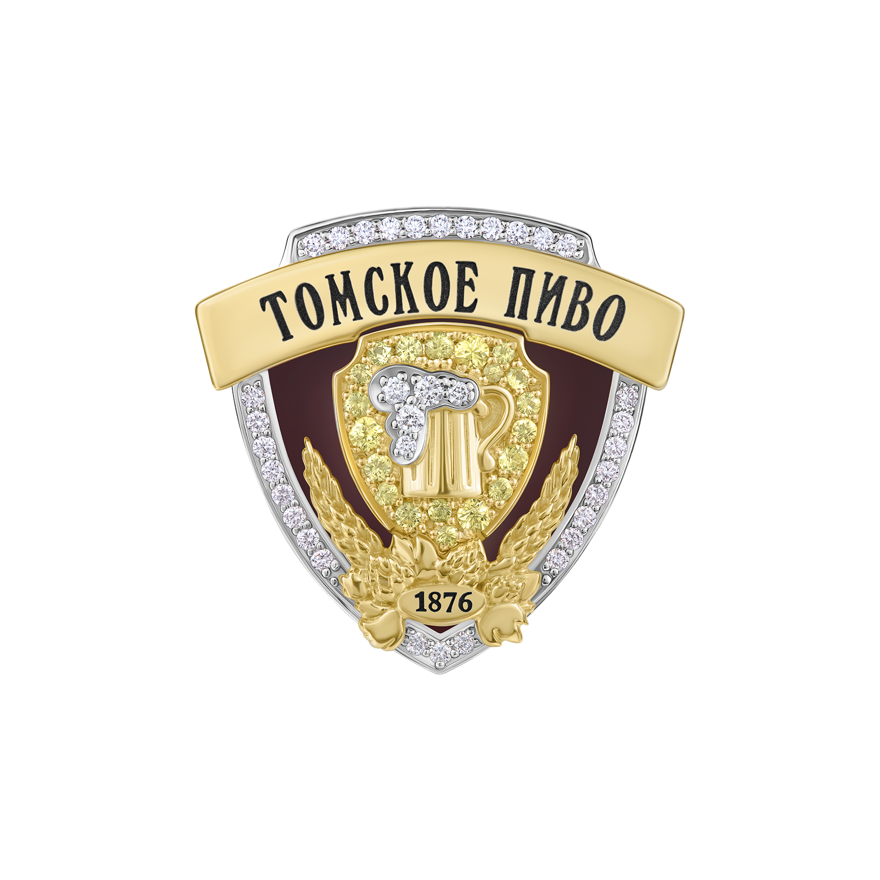 Нагрудный знак с бриллиантами и сапфирами жёлтое и белое золото, н.керамика