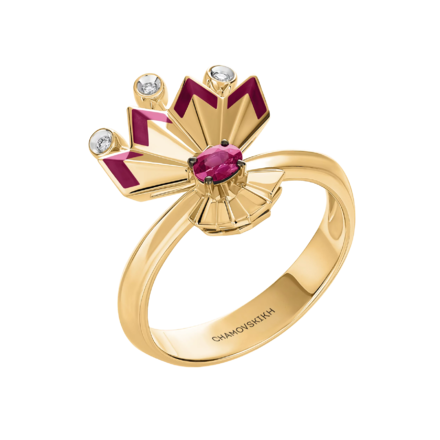 Кольцо с рубином и бриллиантами, красное золото