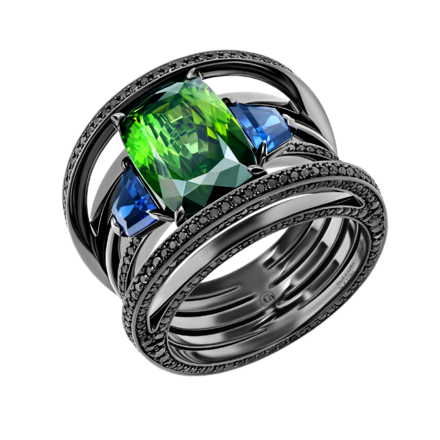 Кольцо с верделитом, сапфирами и черными бриллиантами