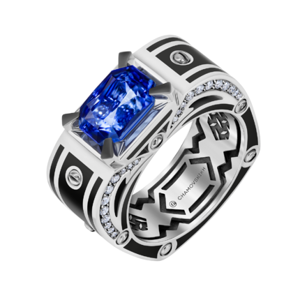 Кольцо с сапфиром и бриллиантами, белое золото, н. керамика