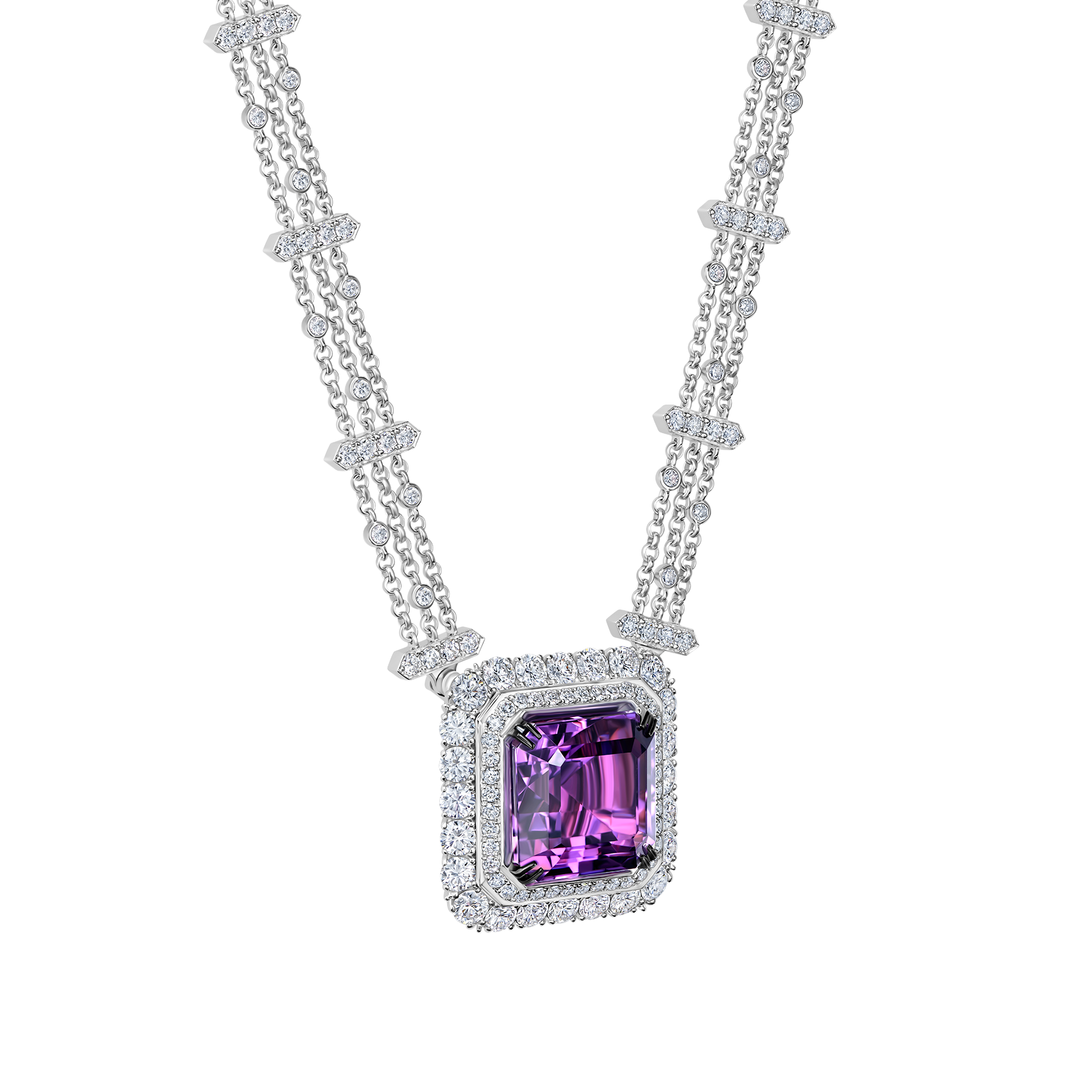 Колье с аметистом и бриллиантами, белое золото