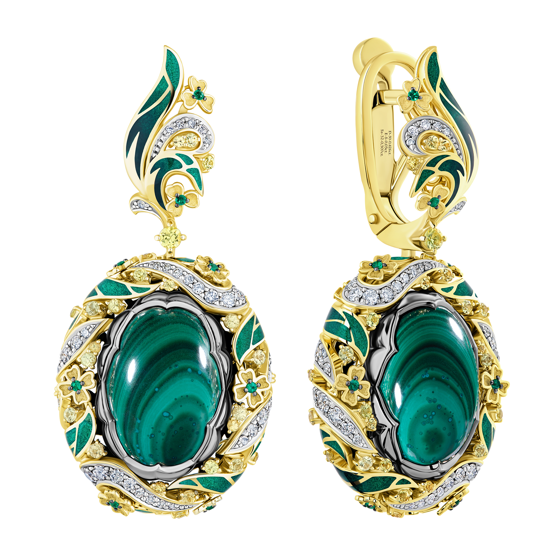 Серьги с малахитами, бриллиантами, сапфирами и изумрудами, н.керамика