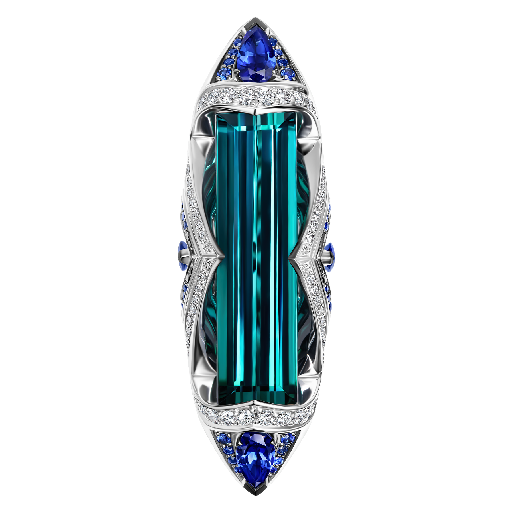 Кольцо с индиголитом, бриллиантами и сапфирами, белое золото