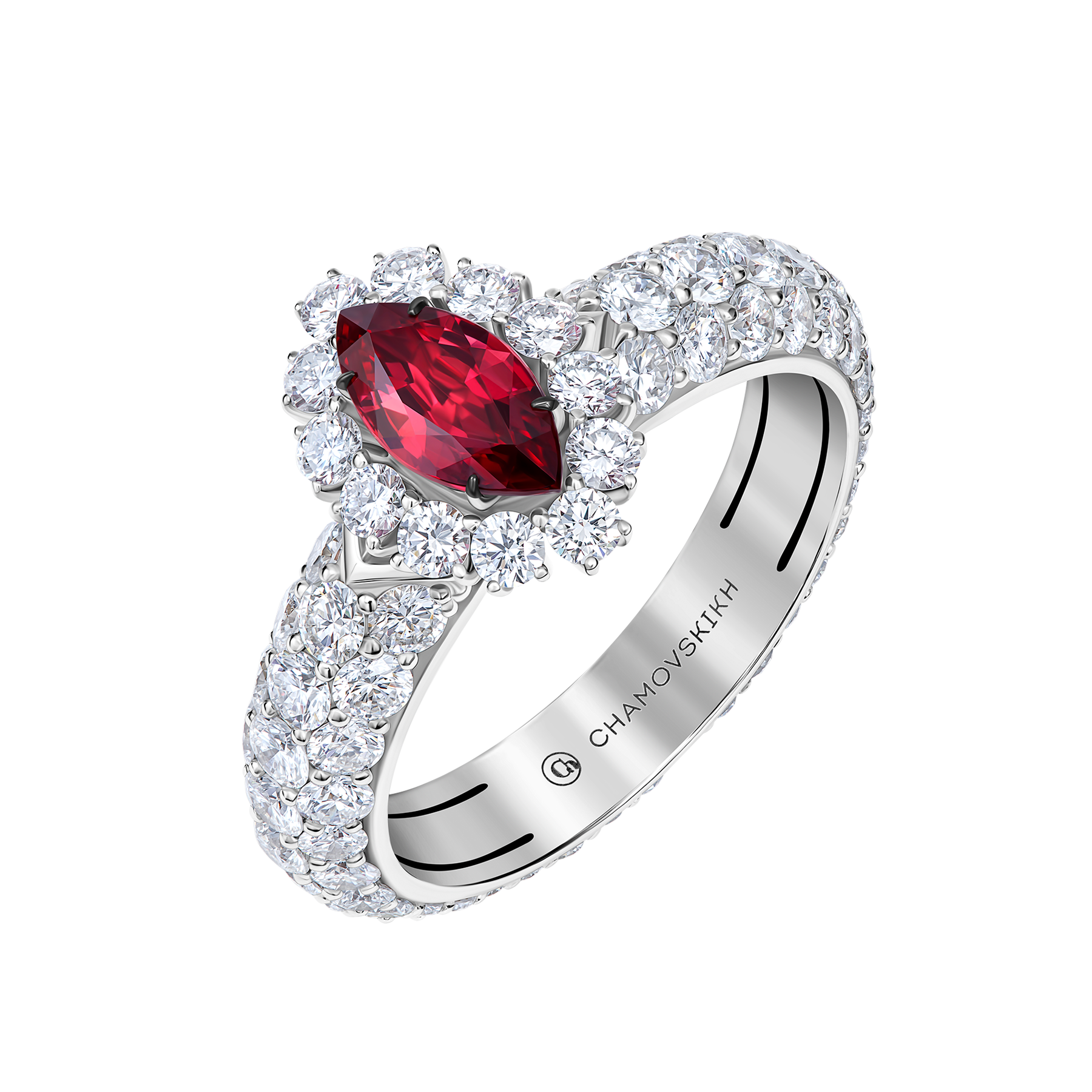 Кольцо с рубином и бриллиантами, белое золото