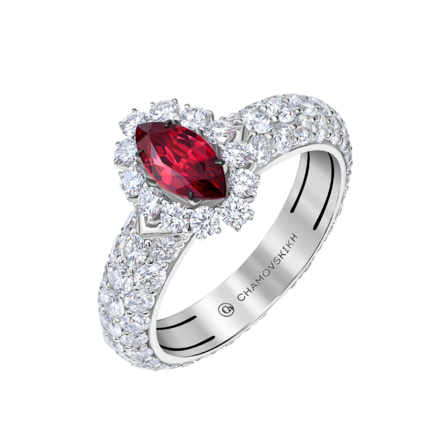 Помолвочное кольцо с рубином и бриллиантами, белое золото
