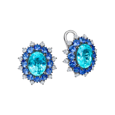 Серьги с турмалином параиба, бриллиантами и сапфирами, белое золото